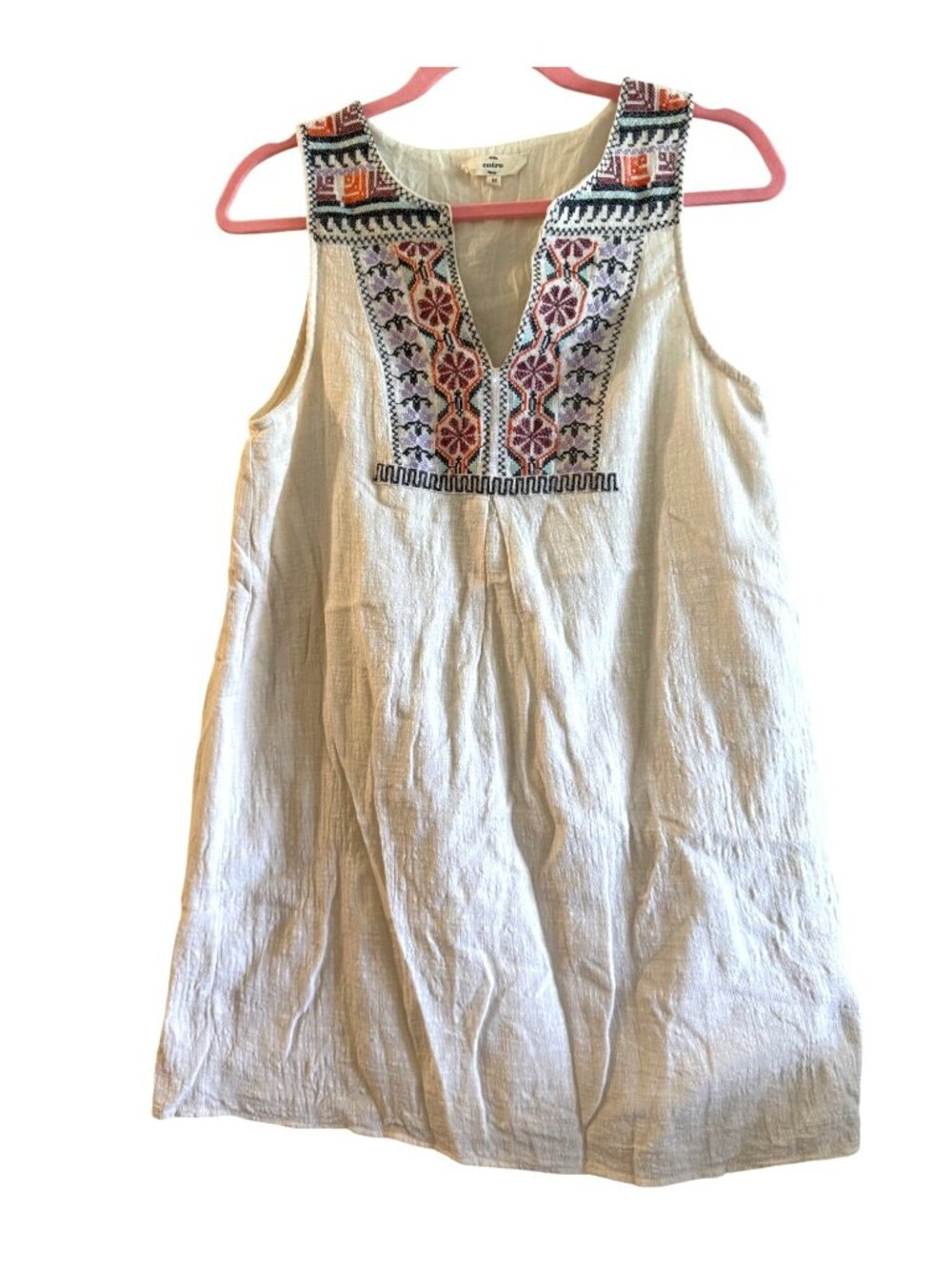 Entro Embroidered Sleeveless Boho Tunic Dress Ivory M Cotton Blend